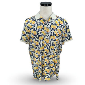 Ben Sherman Polo Shirt Shirt Men’s Large Ivory Block Botanical Floral Cotton New